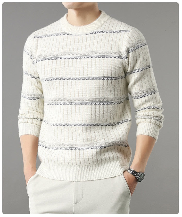 Mens Knitted Fleece-lined Thick Crew-neck Faux Mink Sweater
