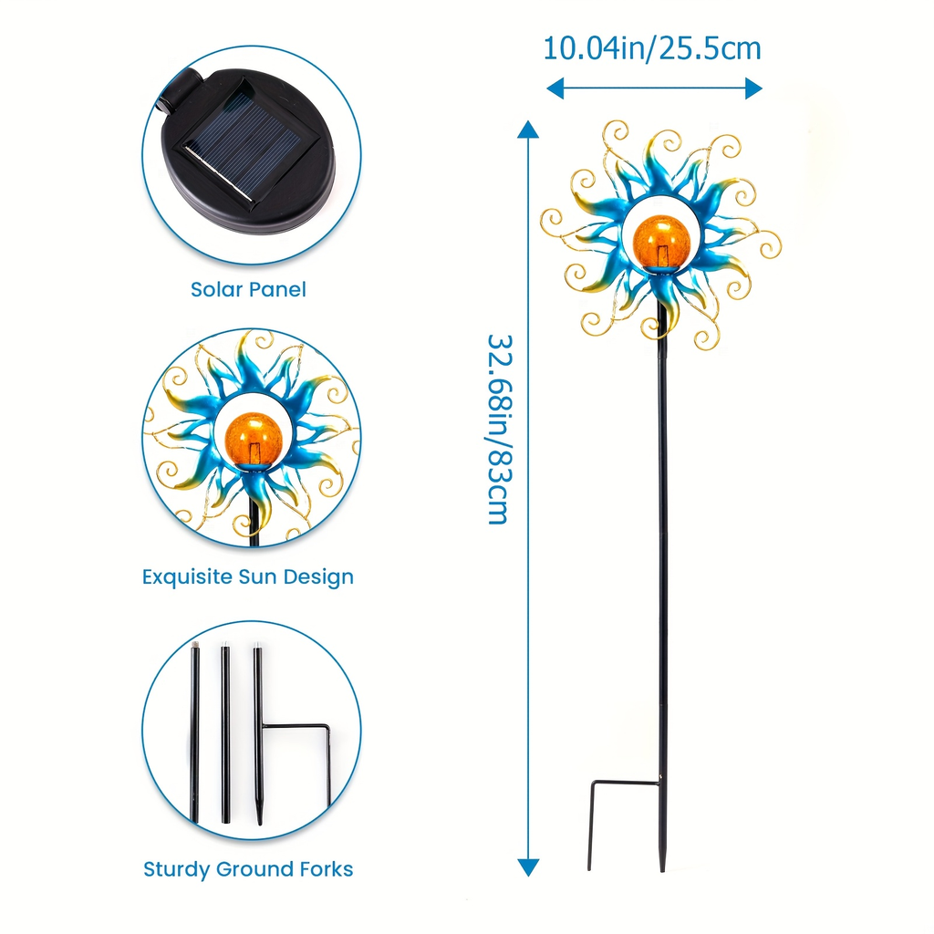 Solar Garden Lights Blue Sun-Shaped LED Stake, IPX4 Rated with Separate Solar Panel for Path Decor — image 2