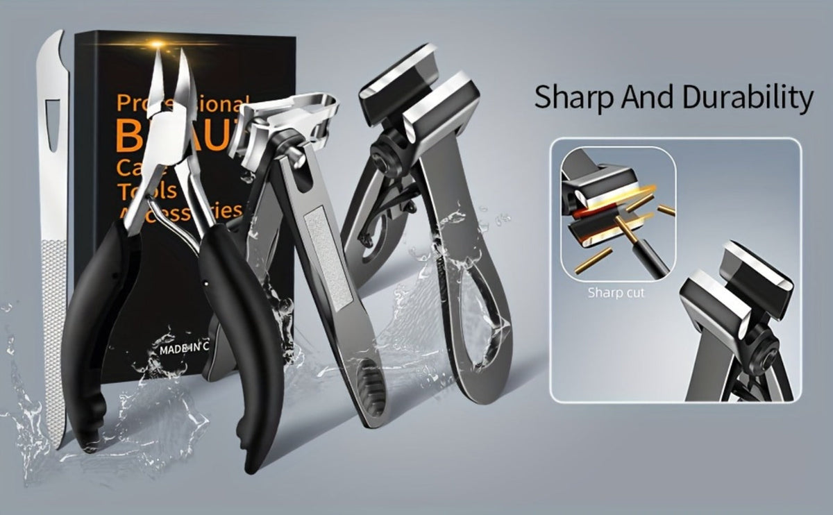 Heavy Duty Toenail Clippers Set 3 Piece for Thick Nails – Wide Jaw Stainless Steel Straight & Angled Nail Clipper with Nail F