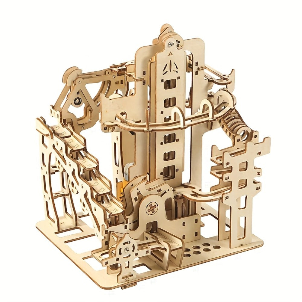 Wooden Marble Track Model Kit with Dual-Linkage A or B Builds, Laser-Cut Panels, Gears and Ball Rails — image 5