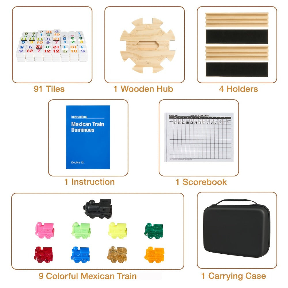 Mexican Train Dominoes Double 12 Set – 91 Colorful Tiles, 9 Metal Trains & 4 Wooden Racks, Complete Strategy Board Game with 