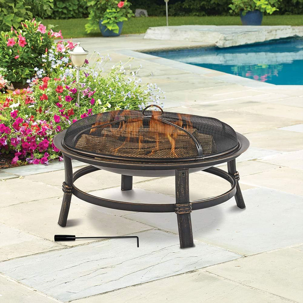 29.3-Inch Round Fire Pit Bowl with Domed Mesh Cover, Four-Leg Stand and Long Poker in Black — image 10