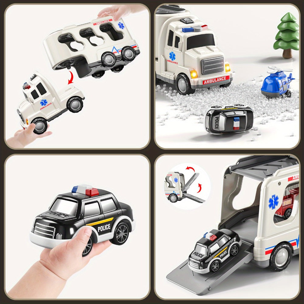 Ambulance Truck Toy 5-in-1 Carrier Set with Lights & Sounds, Friction Power Emergency Vehicle Playset for Kids Boys Ages 3+ —