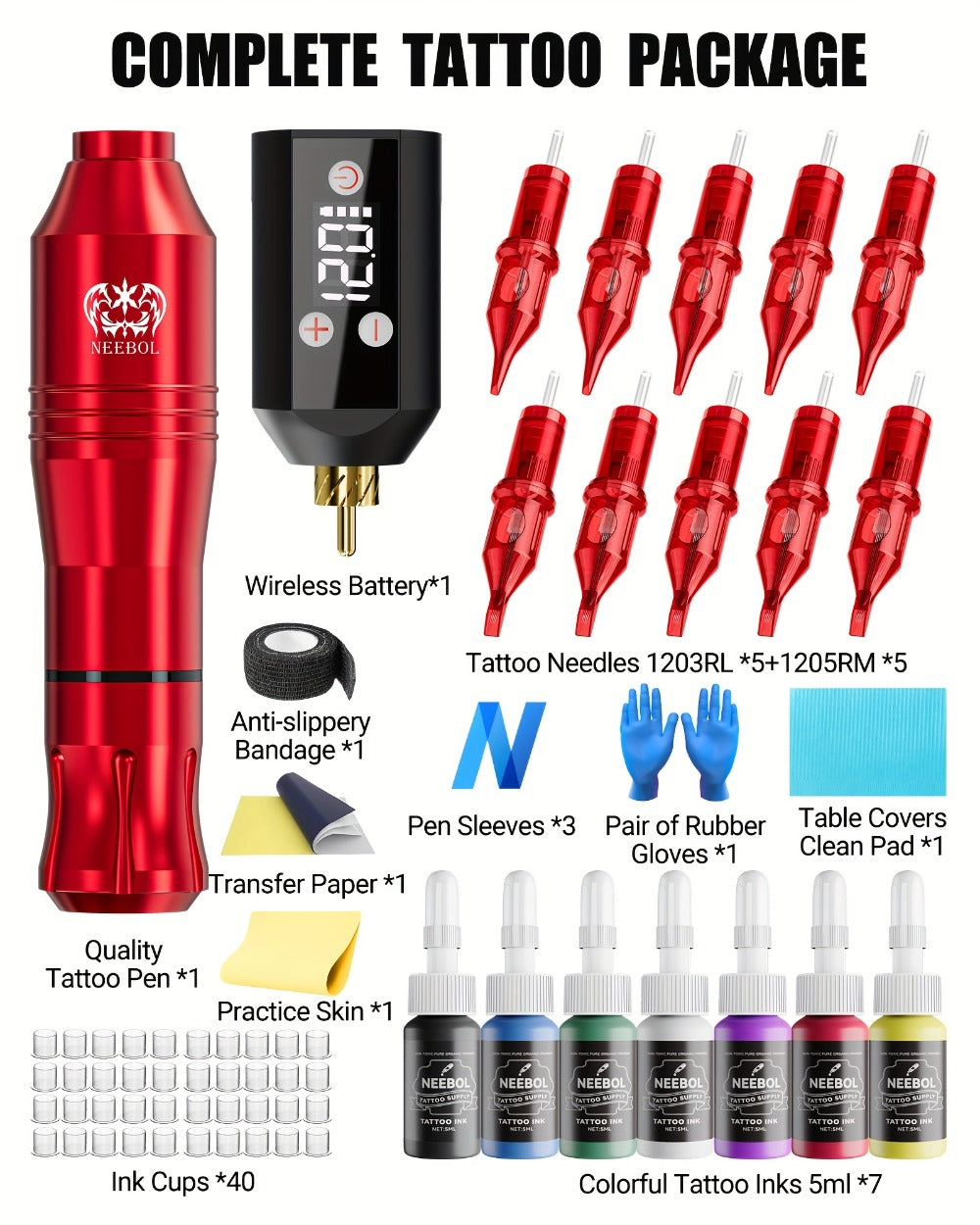 Tattoo Machine Kit Neebol Wireless Pen with Screen Display, 10 Cartridges, 7 Inks and Four Color or Pro Options — image 14