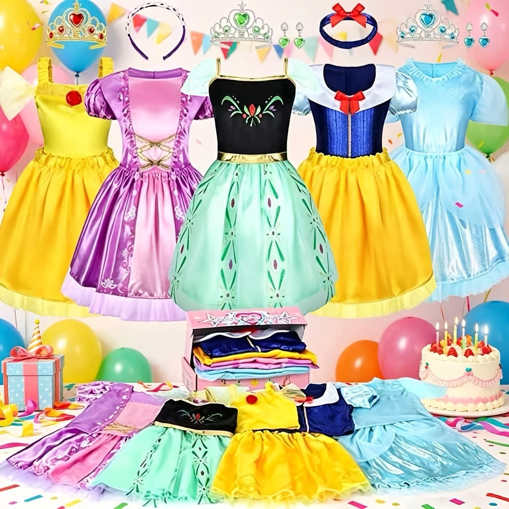 Girls Princess Dress Up Costume Set 14pcs, 5 Role Play Outfits with Crowns, Earrings & Storage Box — image 14