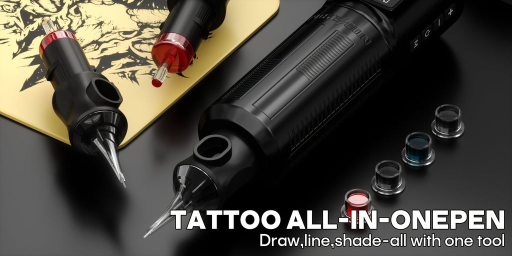 Tattoo Machine Kit POSEIDON BT29 Wireless Rotary Pen with LED Color Screen, 2300mAh Battery, 10 Cartridges and 11 Inks — imag