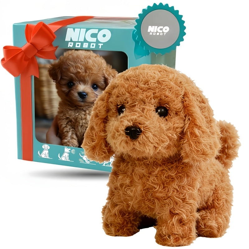 Electronic Plush Puppy Toy Walks Barks Wags Tail, Realistic Robotic Teddy Poodle Dog Stuffed Animal with Gift Box for Kids To