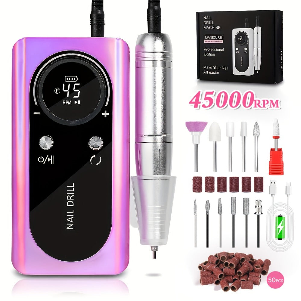 Low Noise Nail Drill Machine 45000RPM Rechargeable with LCD Display – Quiet Electric E-File for Gel Polish Acrylic Natural Na