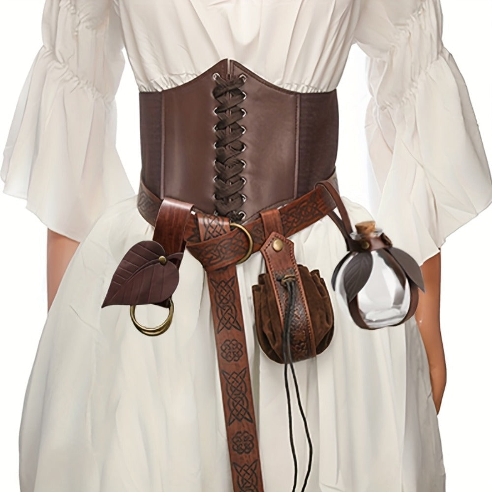 Renaissance Corset Set 5-Piece Ladies – Medieval Belt Pouch Potion Bottle Waist Protector, Women Halloween LARP Cosplay Renai