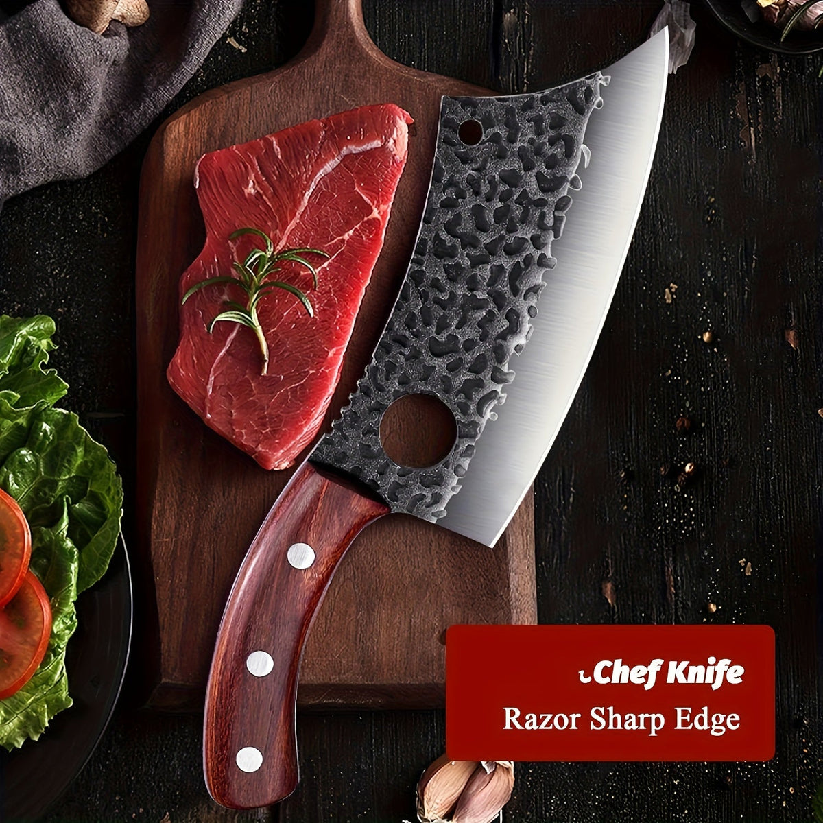Chef Knife Hand Forged, High-Carbon Steel Viking Cleaver Full Tang Oak Handle with Sheath for Home Cooking, Dining and Outdoo