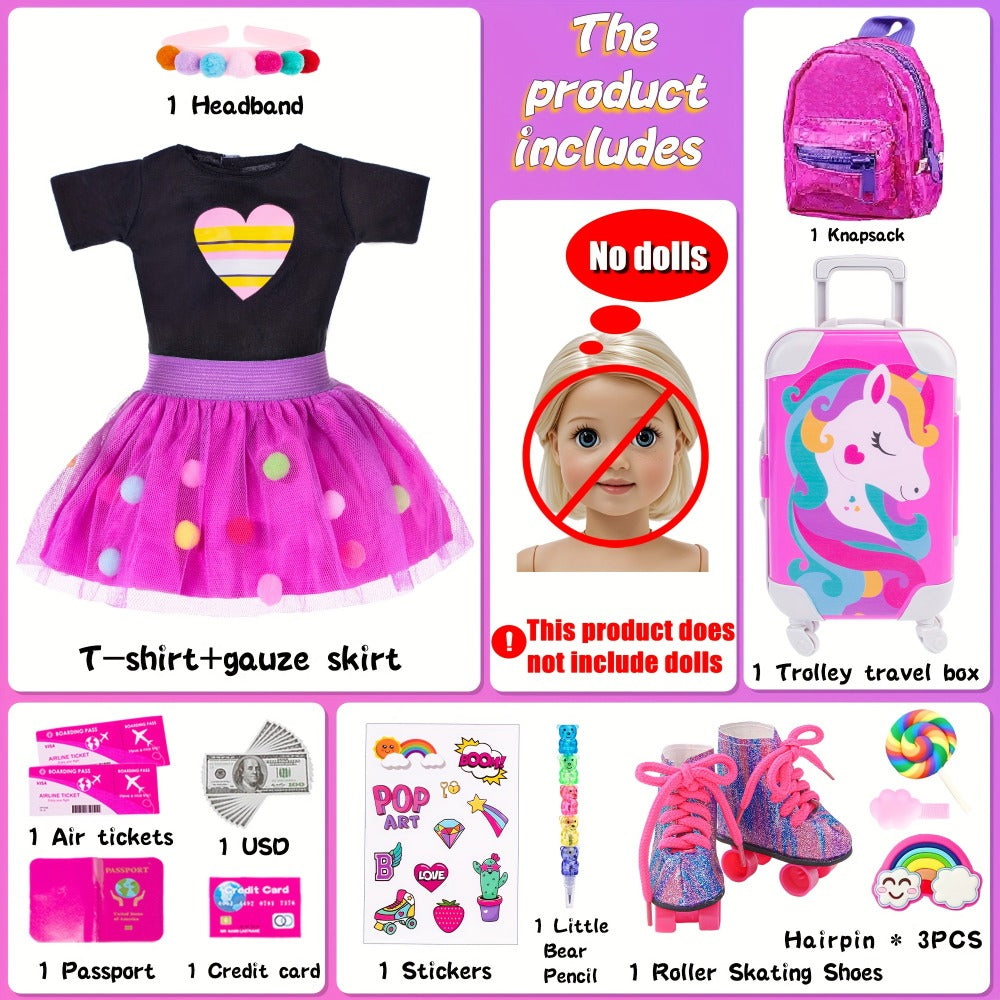 18 Inch Doll Travel Accessories Set 25 Pcs, Unicorn Suitcase Roller Skates Backpack Outfit Hairpins School Supplies — image 3