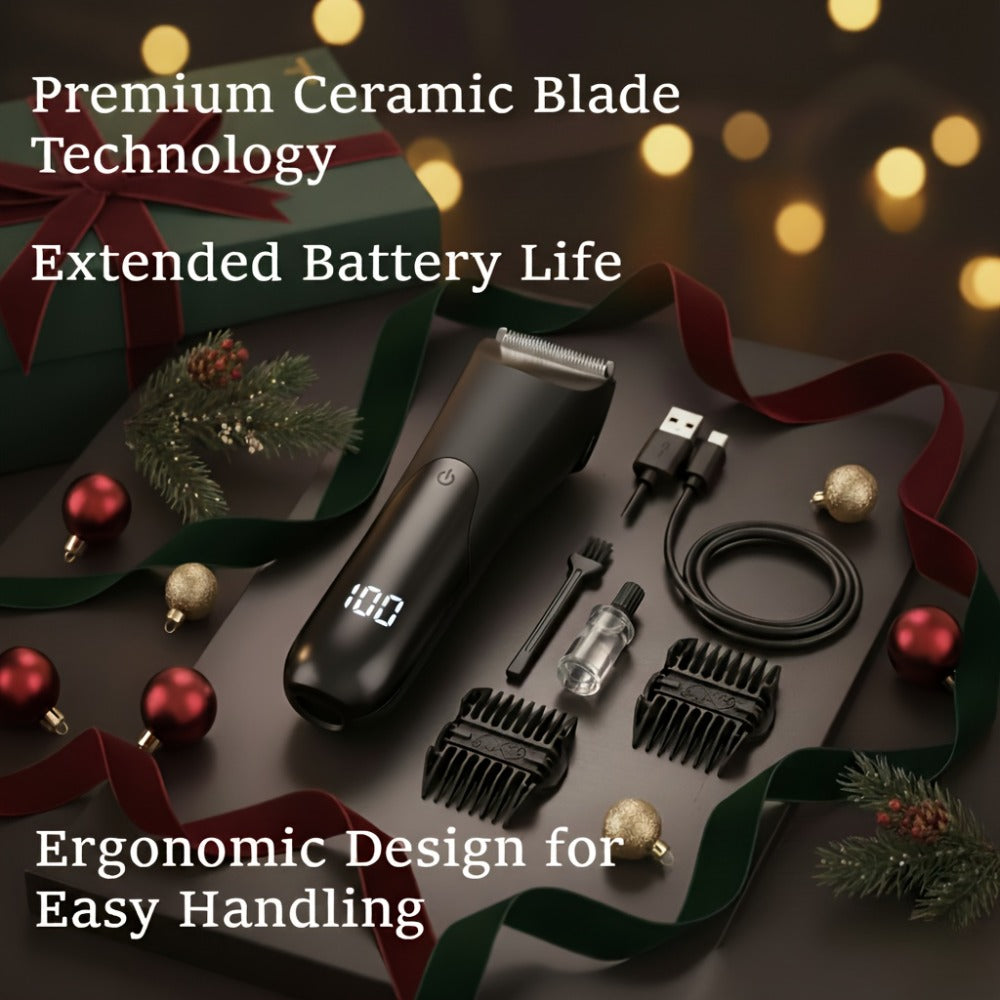V-Shaped Ceramic-Blade Body Hair Trimmer with LCD Display, USB Cable, Guide Combs and Six Finish Options — image 7