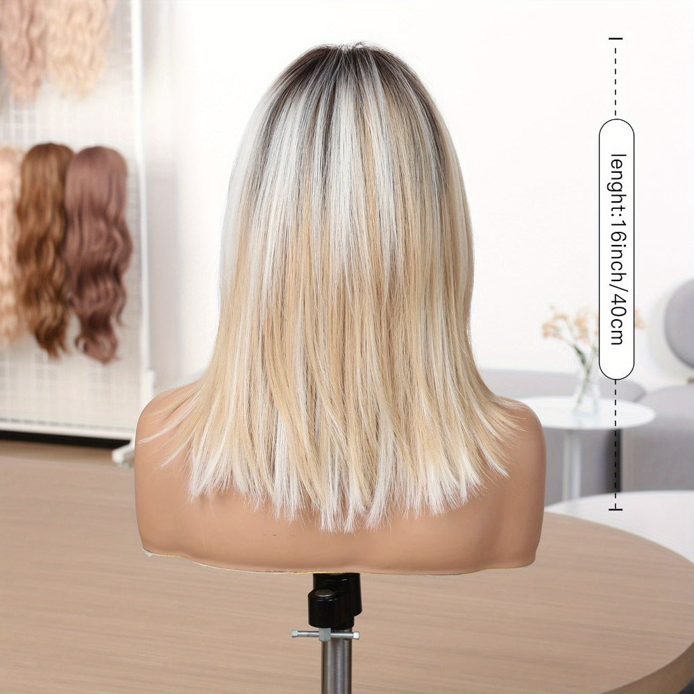 Synthetic Wig 16-Inch Gradient White-Golden Straight Style with Bangs and Adjustable Rose Net Cap — image 4