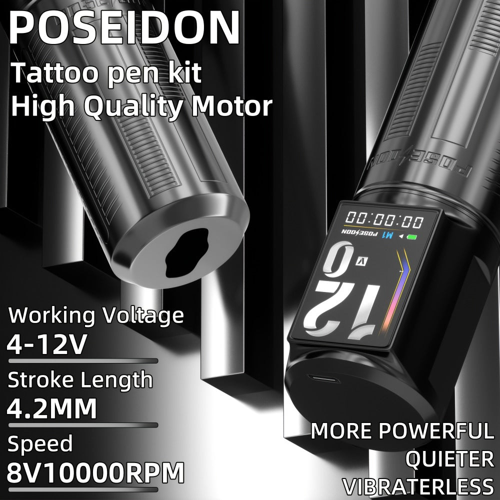 Tattoo Machine Kit POSEIDON BT29 Wireless Rotary Pen with LED Color Screen, 2300mAh Battery, 10 Cartridges and 11 Inks — imag