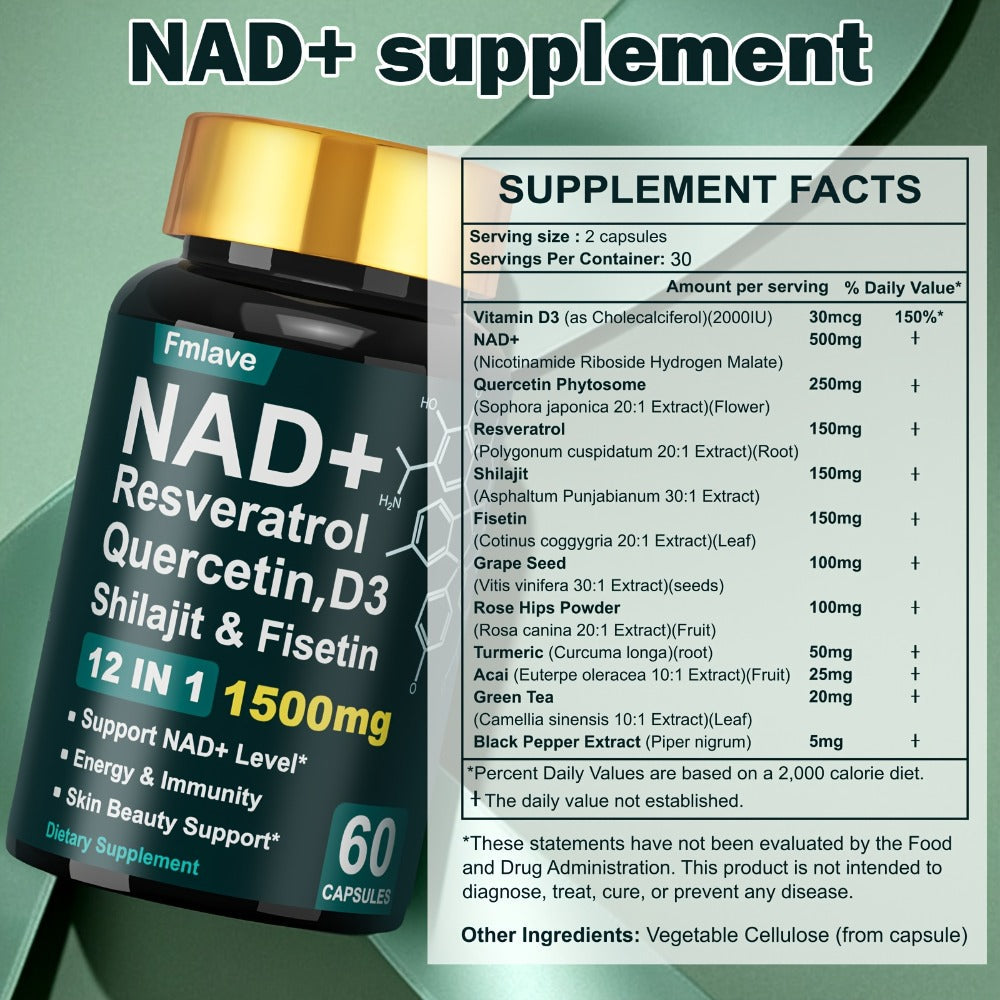 NAD+ Supplement Capsules 1500mg 12-in-1 with Nicotinamide Riboside & Quercetin for Bath Time, Home Spa and Personal Care — im