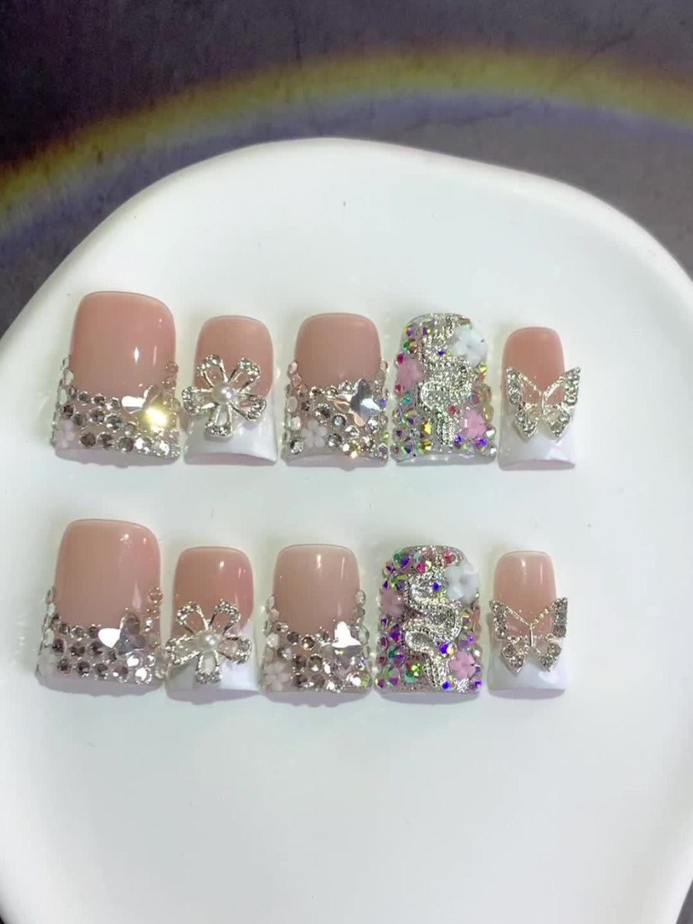 Press On Nails 10-Piece Duckbill Acrylic Set with White French, Floral and AB Shimmer Designs in S, M or L — image 9