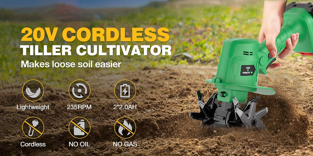 Cordless Electric Tiller 20V Handheld - 9-Inch 235RPM Garden Cultivator with Handle, Metal Soil Tiller for Weeding — image 10