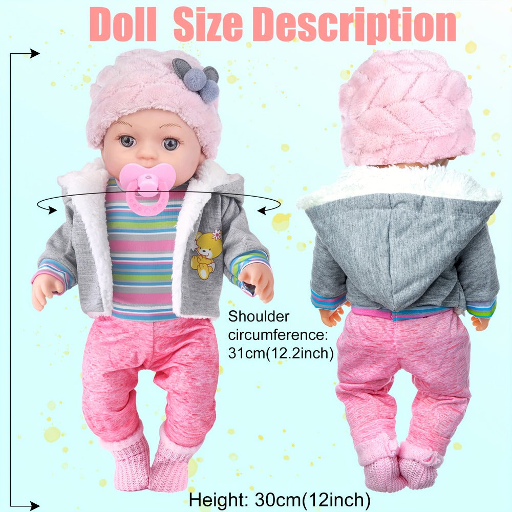 Winter Outfit Baby Doll Set 12 Inch Plush Coat Movable Limbs Clothes Socks Pacifier Bottle Utensils Nurturing Play Gift for G