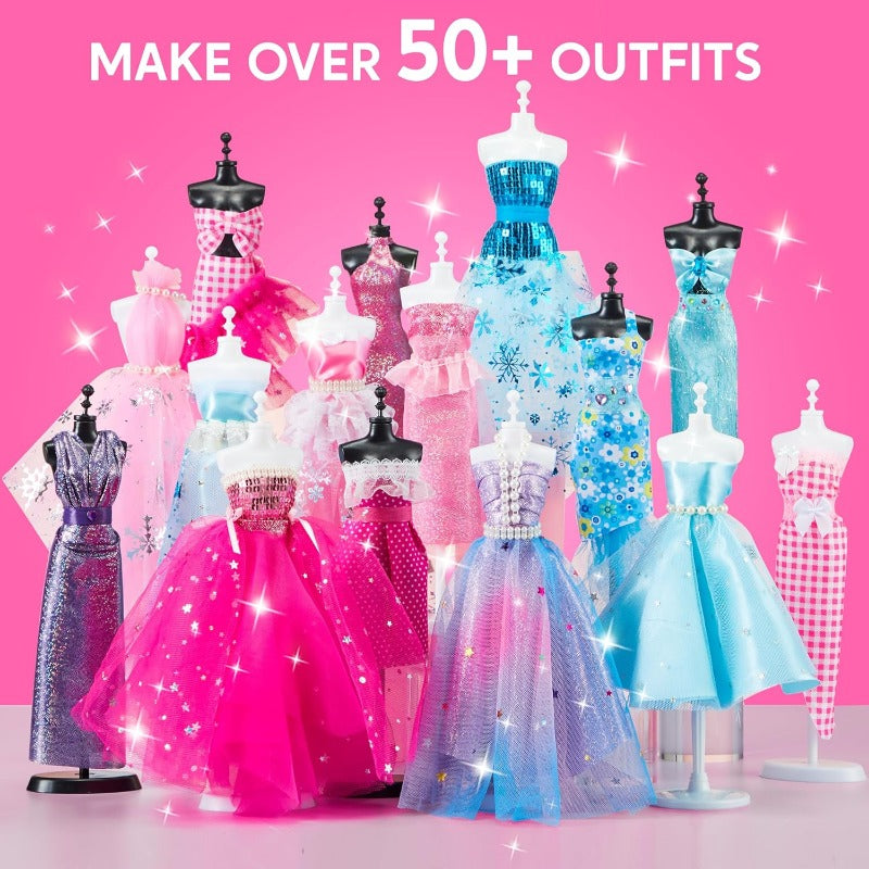 Fashion Design Kit for Girls 400+ Pieces, 3 Mannequins 21 Fabrics Ribbons Trims No-Sew DIY Dress Up Craft Set — image 11