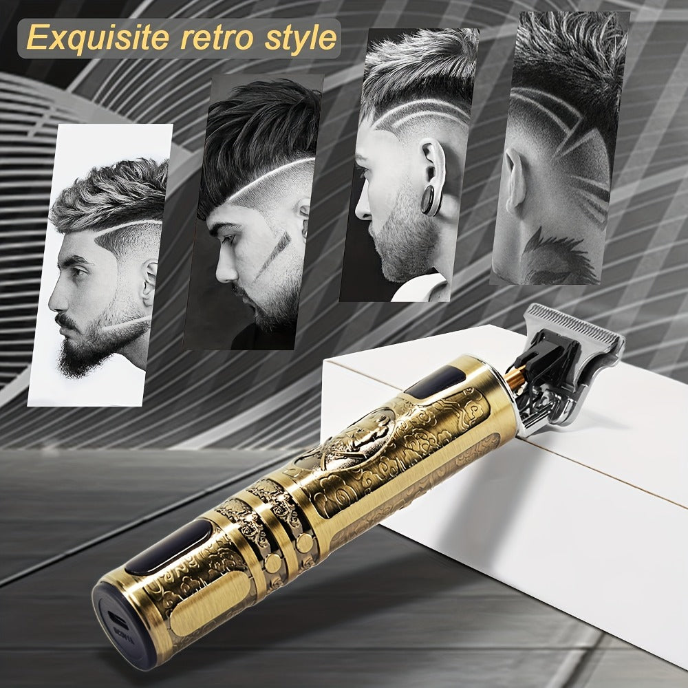 LED Hair Trimmer for Men – T-Blade USB Rechargeable 2000mAh, Vintage Dragon & Mustache Design, 4 Guide Combs, Cordless Precis