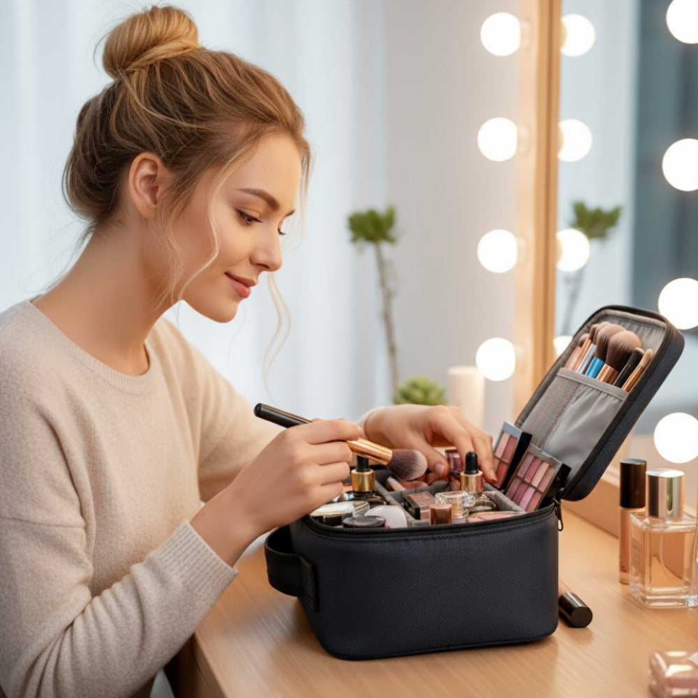 Makeup Bag Fabric Travel Case with Easy-Clean Lining and Top Handle for Travel, Vanity and Everyday Beauty Storage — image 3
