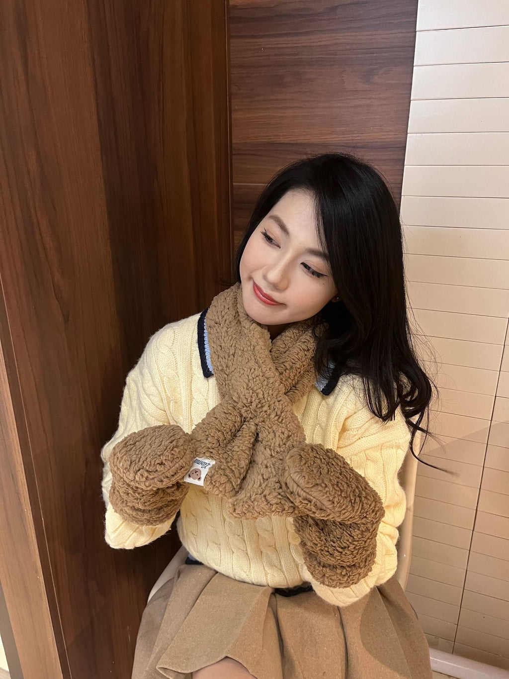 Cartoon Bear Plush Gloves Thickened Warm And Cute Scarf
