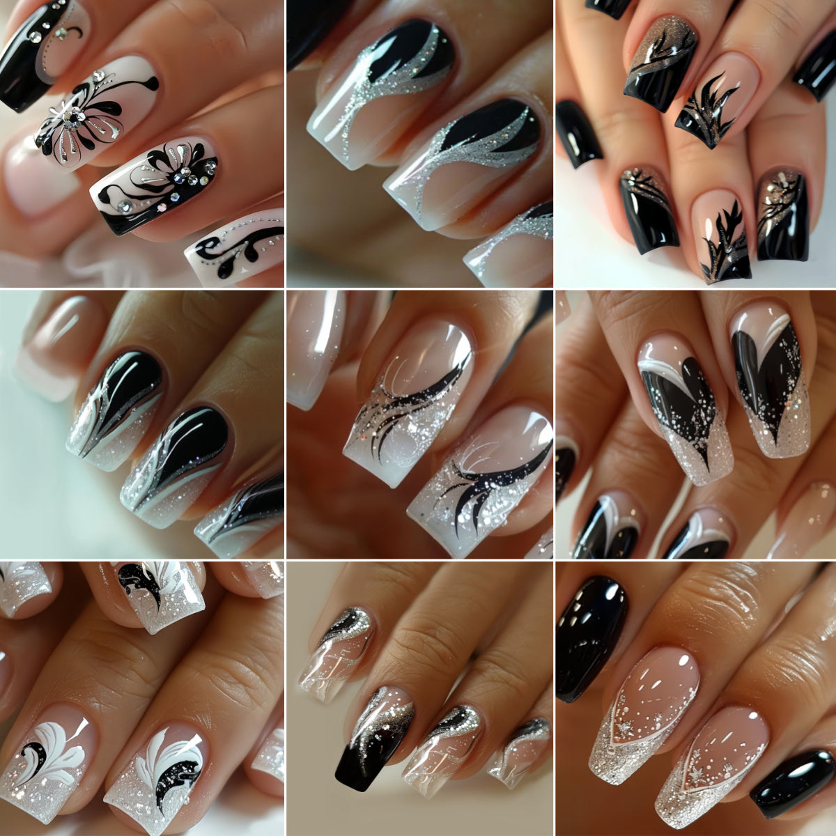 Press On Nails 216-Piece Medium Square Black White 3D Butterfly Marble Set with Jelly Glue and File — image 1