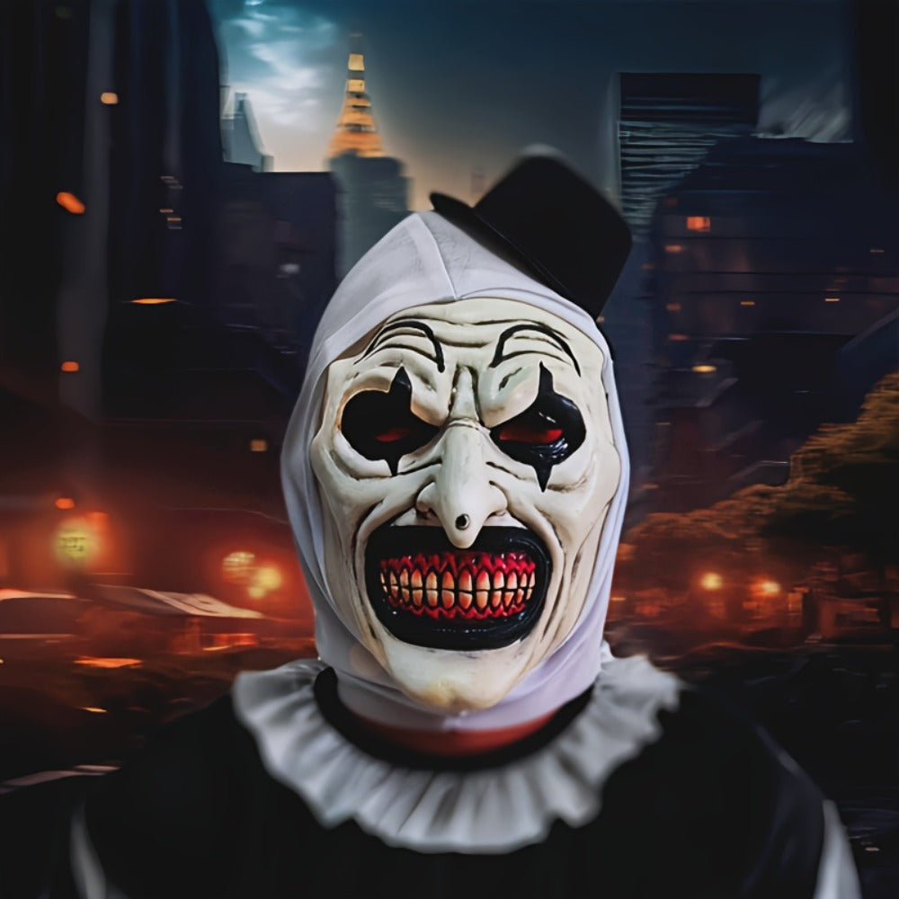 White Horror Clown Costume Mask with Full-Head Latex-Style Hood, Red Teeth and Attached Black Hat — image 6