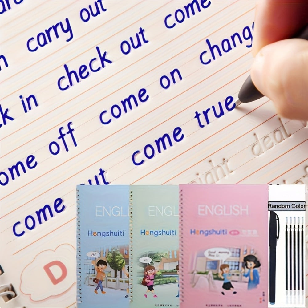 Reusable Handwriting Practice Books for Kids Ages 3-8, 4 Books + Pen + 10 Refills + Holder, Wipe Clean Calligraphy Writing Wo