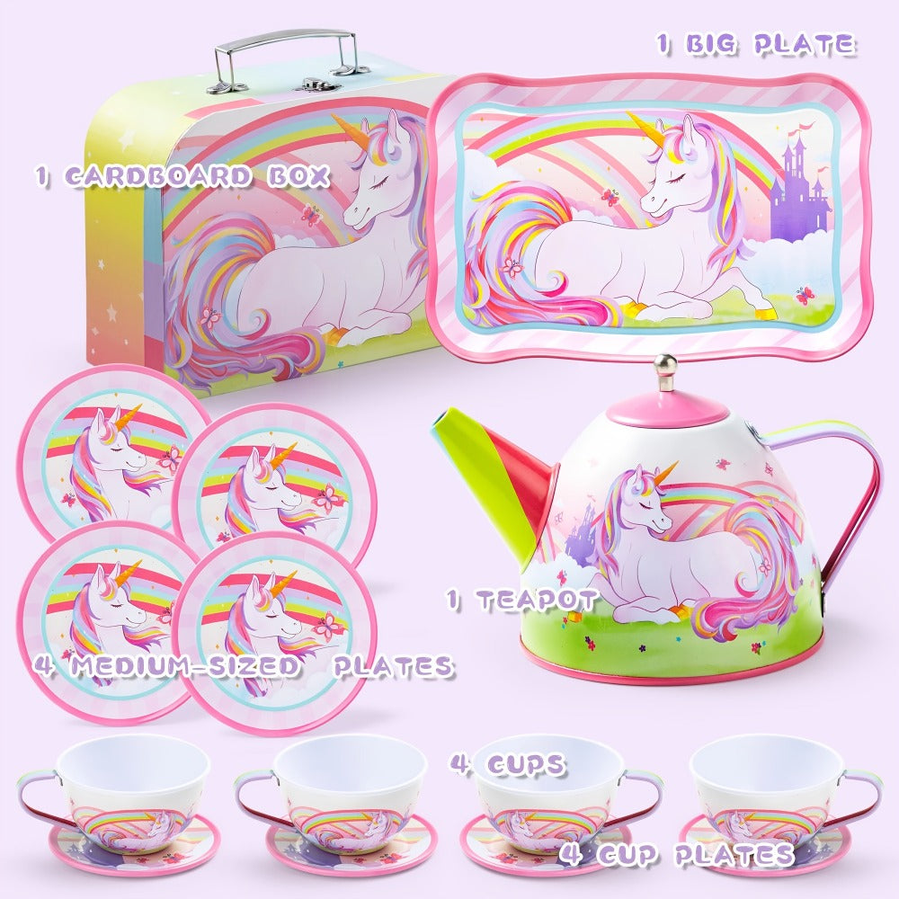 Pink Unicorn Tin Tea Set in Carry Case with Teapot, Four Cups, Four Saucers and Five Plates — image 4