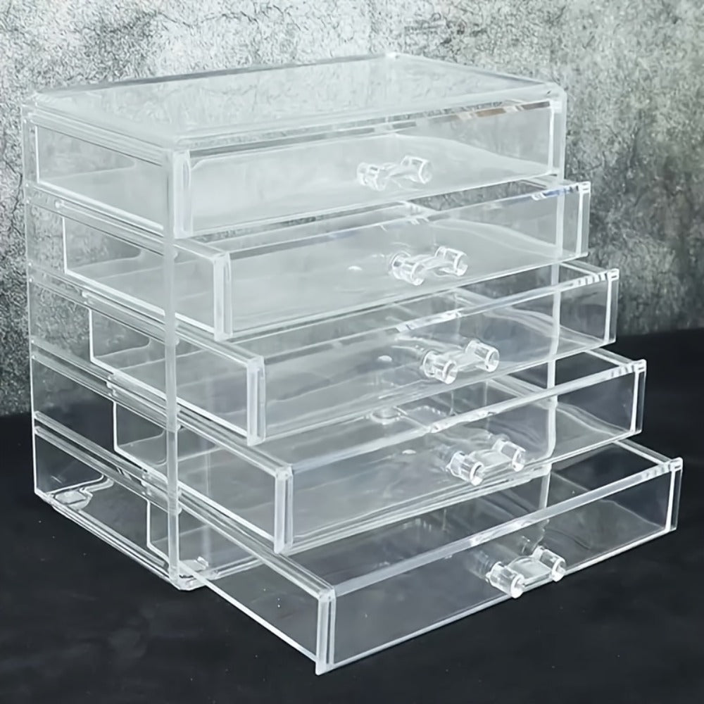 Clear Acrylic Makeup Organizer 5-Tier with Drawers Dustproof Cosmetic Storage for Lipstick Foundation Brushes Skincare — imag