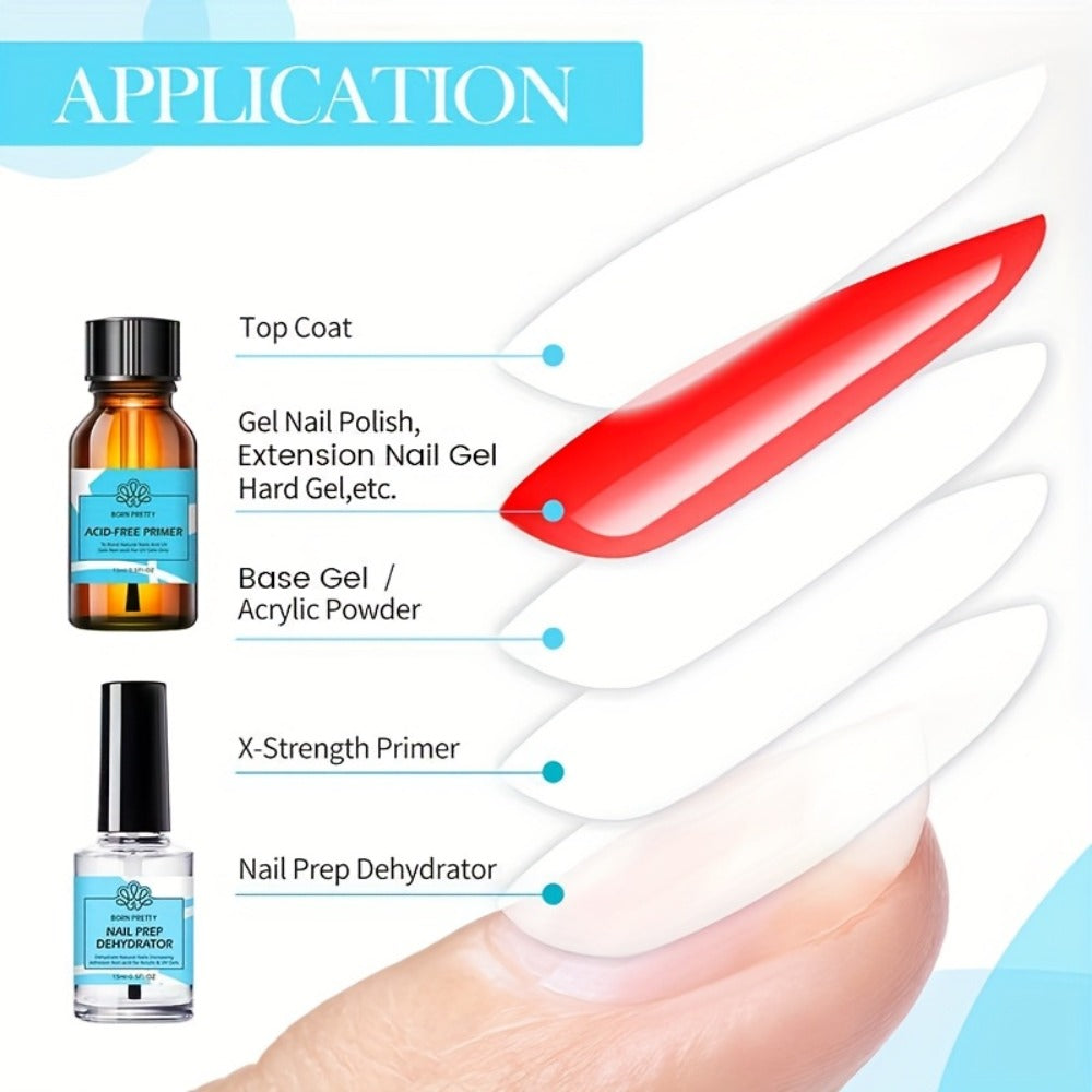Gel Nail Prep Kit 4-Piece BORN PRETTY – Nail Dehydrator 15ml, Primer 15ml, Base Gel 10ml & Super Top Coat 10ml for Semi-Perma