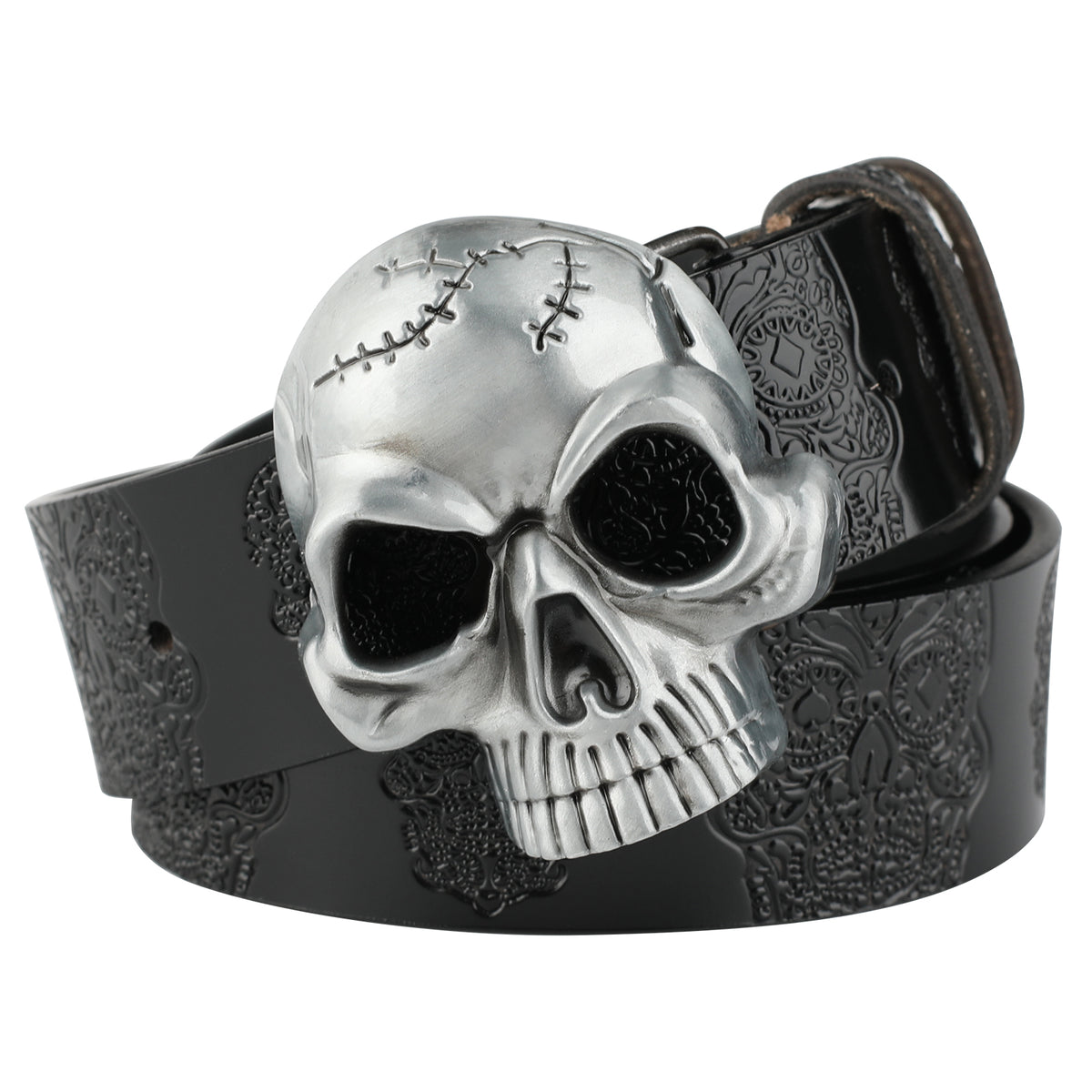 Leather Belt With Embossed Ghost Head Design And Smooth Skull Buckle
