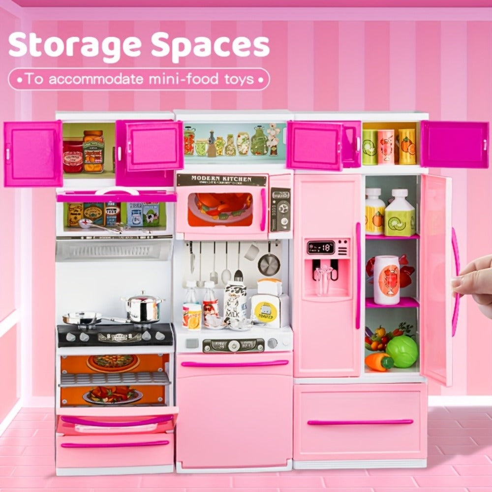 Pink Kitchen Toy Set 64pcs with Lights & Sounds, Mini Furniture Doll Playset for Girls, Pretend Play Kitchen Accessories — im