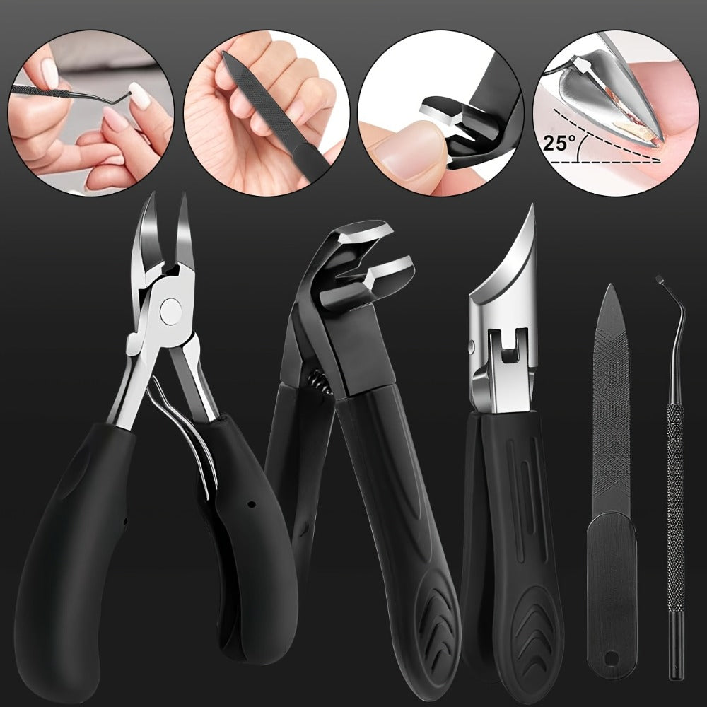 Wide-Jaw Nail Clipper Set, Six-Piece Black-Handle Kit with Curved, Slanted and Narrow Tools, Lifter, File and Storage Pouch —