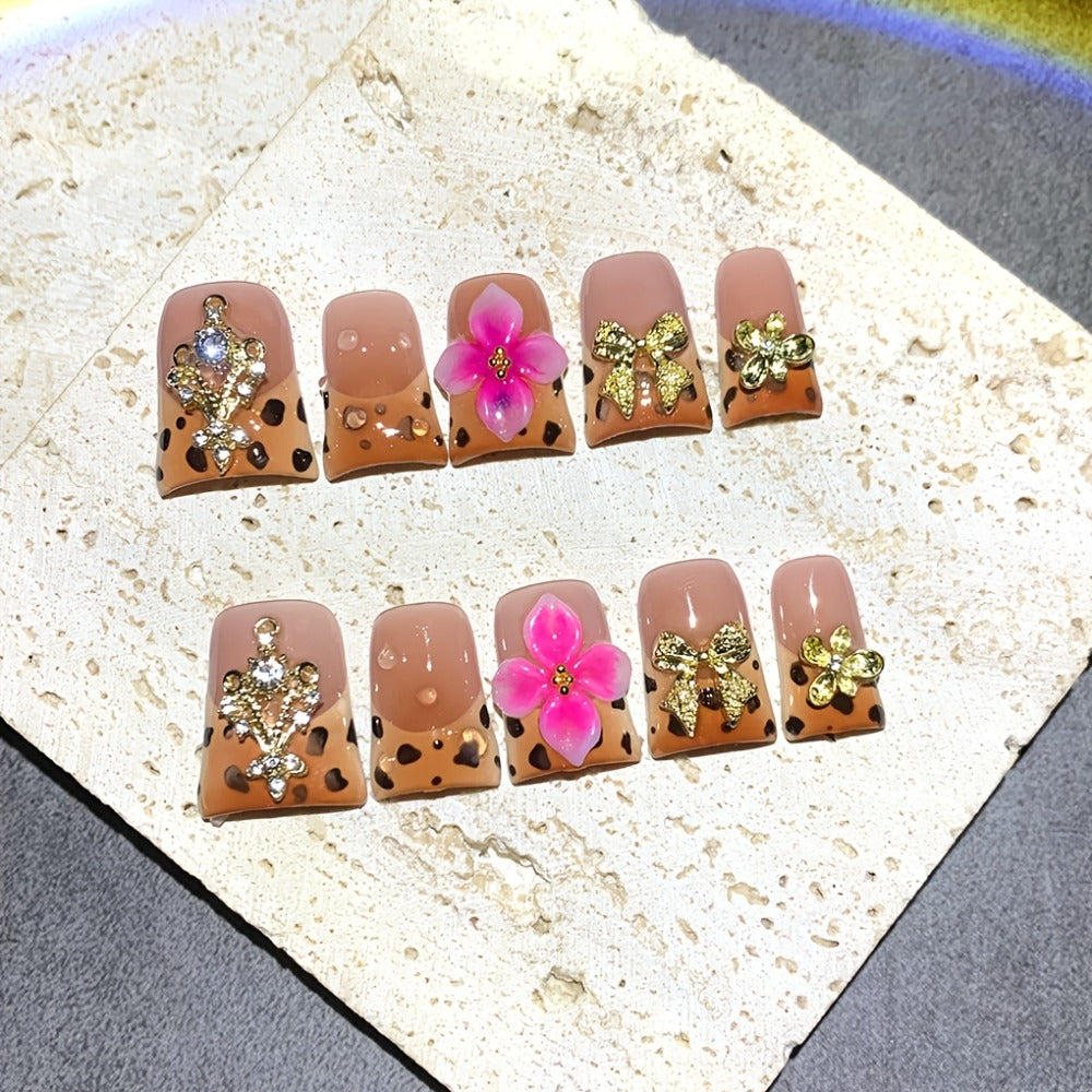 Press On Nails 10-Piece Medium Duckbill Set with Brown-Pink Gradient, 5D Flowers and Included Gel Tabs — image 4