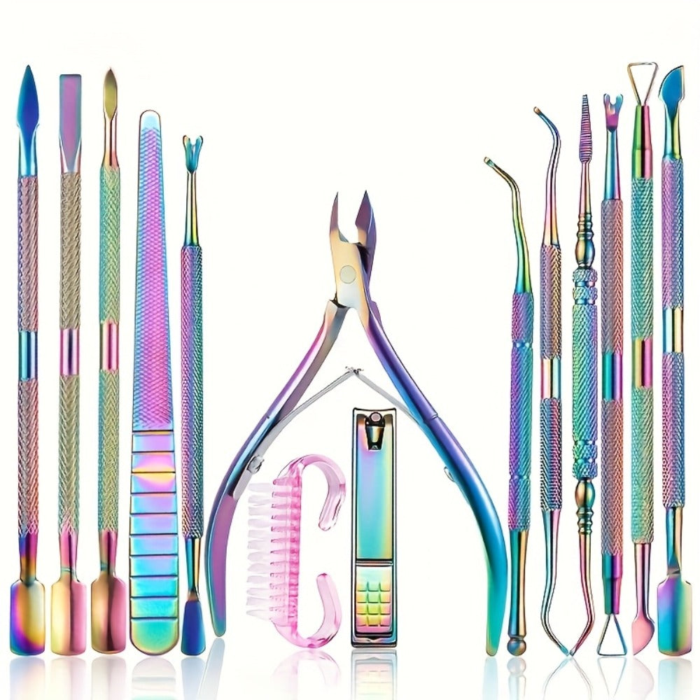 Nail Tech Kit 15pcs Professional Stainless Steel – Cuticle Nipper & Pusher Nail File Gel Polish Remover Complete Manicure Ped