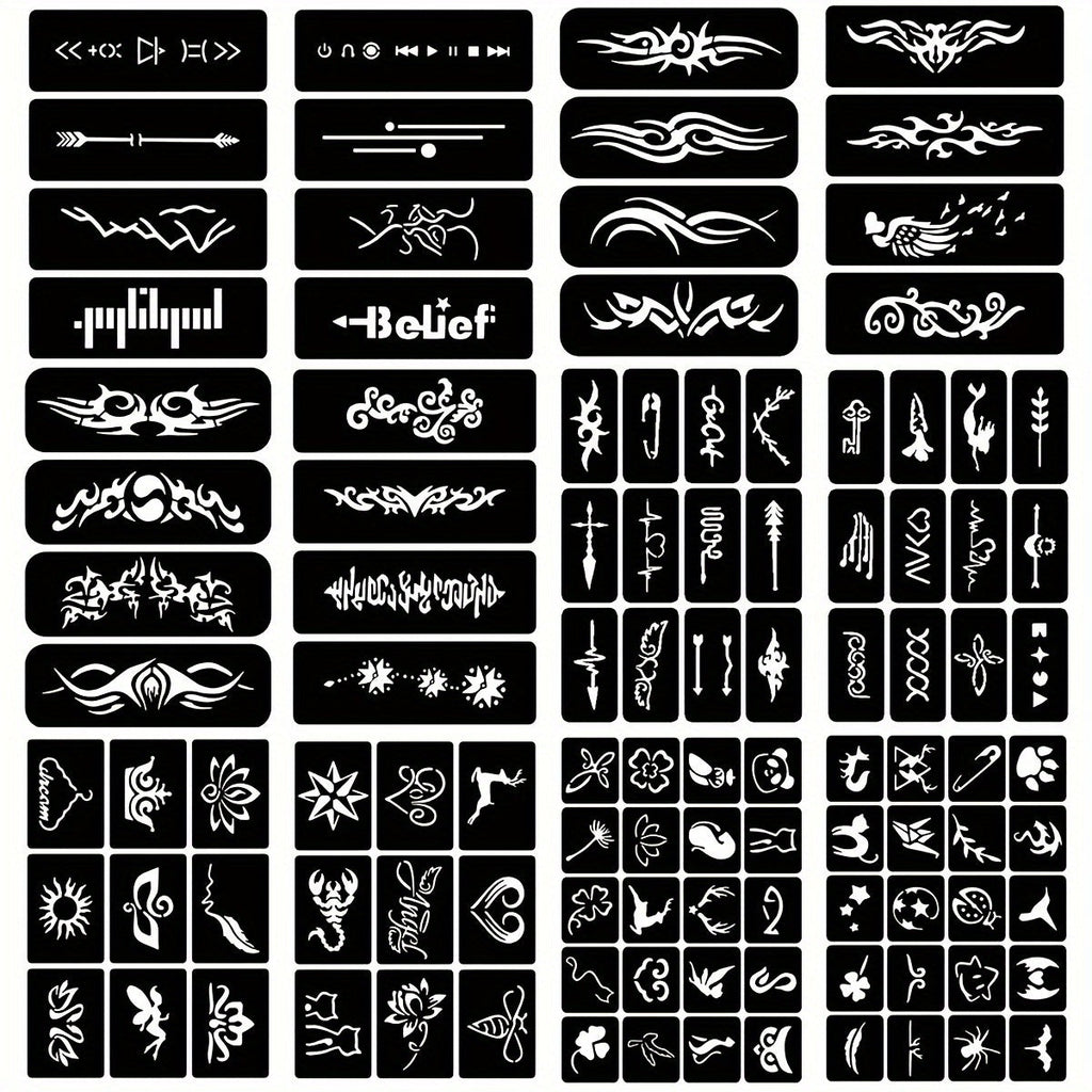 DIY Tattoo Stencils Set 12 Sheets Hollow Design Templates | Reusable Body Art Kit for Arm Ankle Ear Wrist | Waterproof Compat