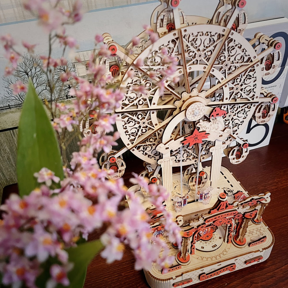 DIY Wooden Ferris Wheel Music Box Kit, 3D Mechanical Spinning Puzzle Model with the Listed Color, Size or Set Options for Eve