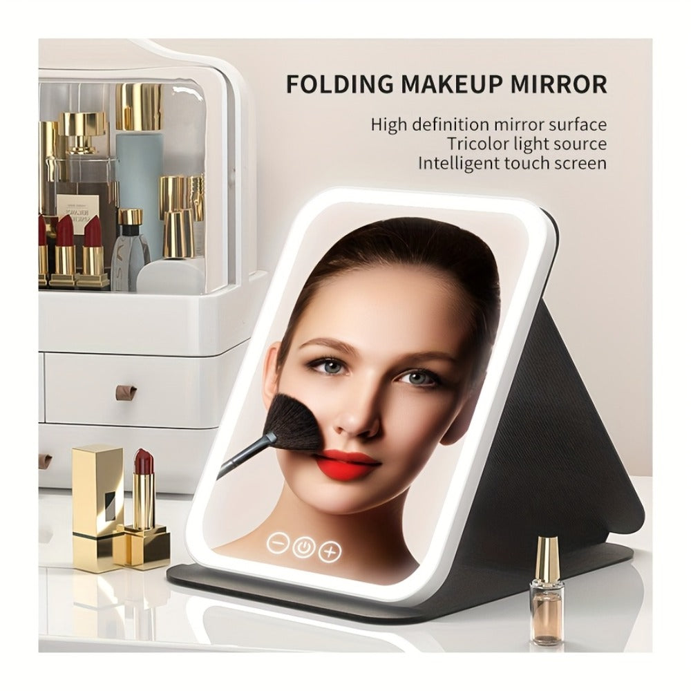 Makeup Mirror Foldable LED Travel Stand with Three Light Colors, Touch Dimming, USB Charging and Pink or White Options — imag