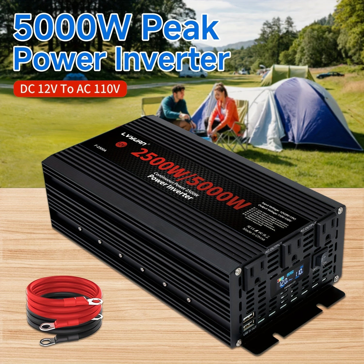 Black or Red 12V DC to 110V AC Power Inverter with 500W or 2500W Model Options, Display and USB Port — image 2