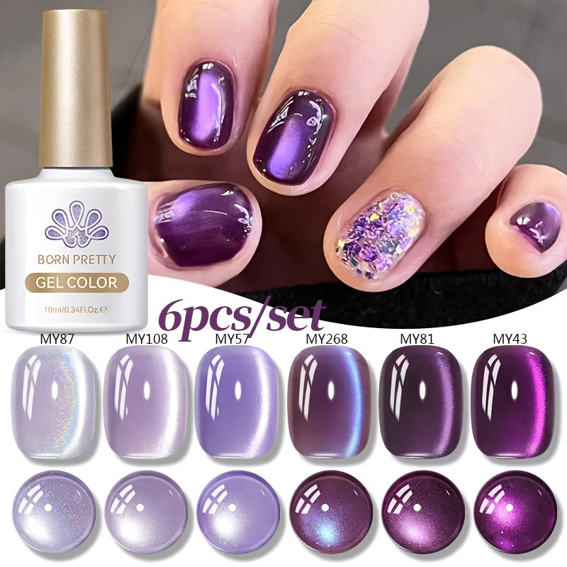 Gel Nail Polish 6-Color Purple Magnetic Cat-Eye Set in 10ml Bottles with Ultra-Bright Shimmer and UV/LED Soak-Off Cure — imag