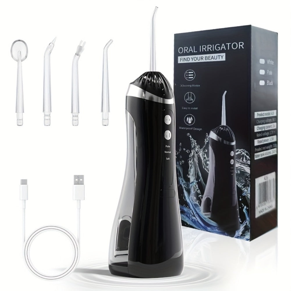 Water Flosser Portable Three-Mode Oral Irrigator with Brush Head Attachment, USB Charging and White, Black or Pink Options — 