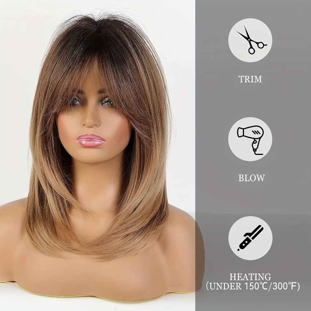 Wig Long Straight Layered Style in Dark Brown, 18-Inch Synthetic Fiber with Bangs and Rose Net Cap — image 5