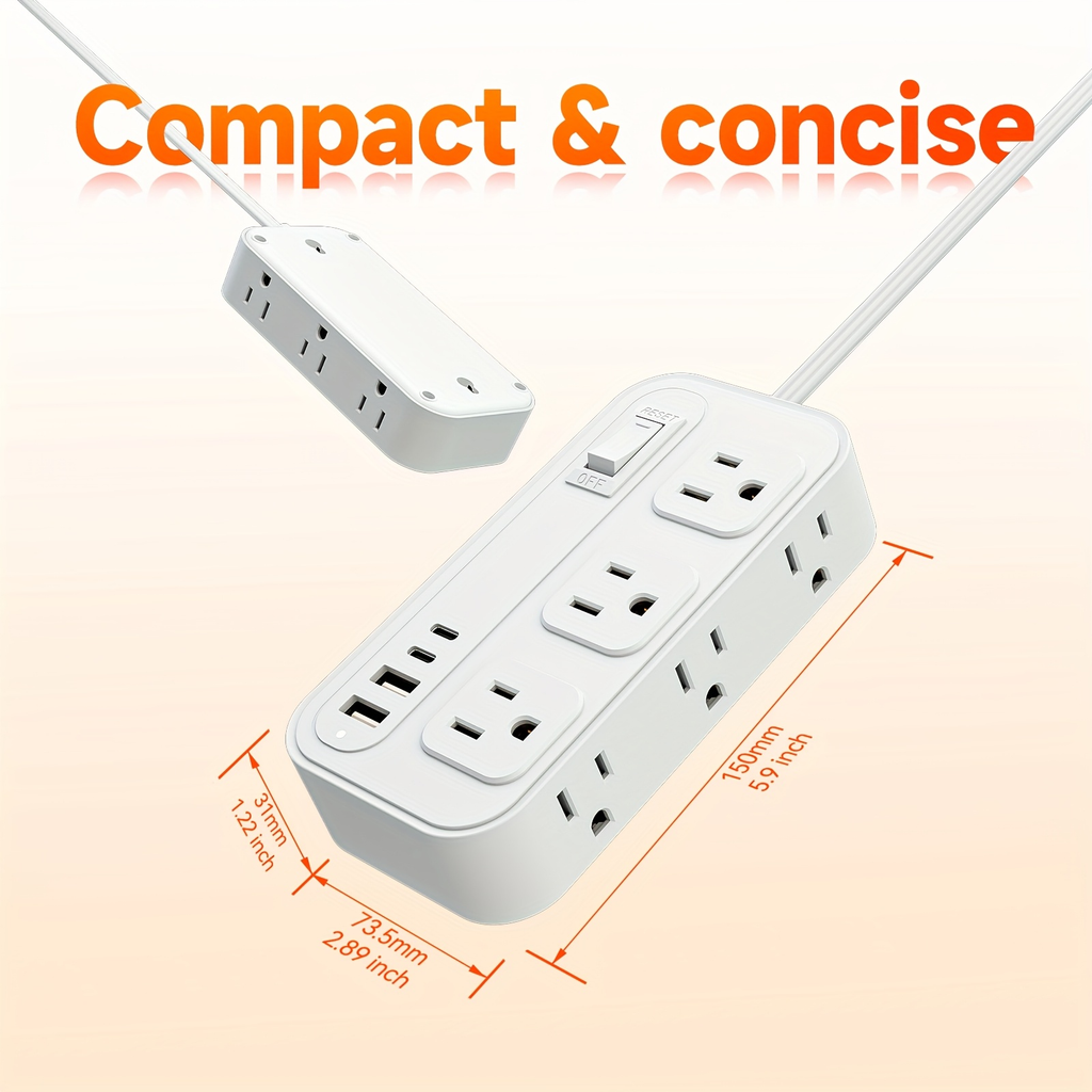 Power Strip Flat Plug with 6 AC Outlets, 2 USB-A, 2 USB-C and 3-Inch, 5-Foot or 10-Foot Cord Options — image 5