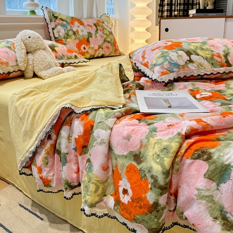 Crinkled Double-Layer Gauze Summer Quilt with Lace Trim
