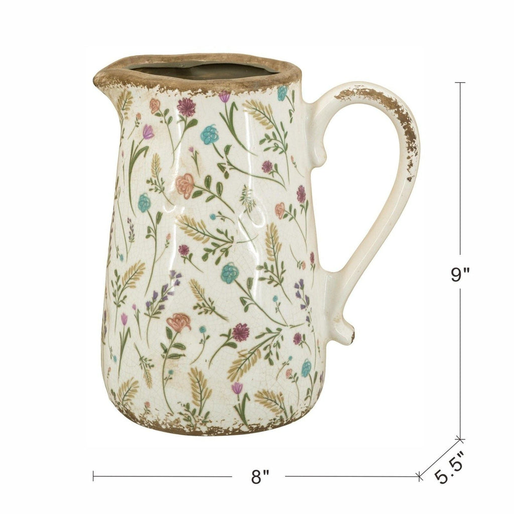 Ceramic Pitcher Vase with Floral Motif and Textured Rim