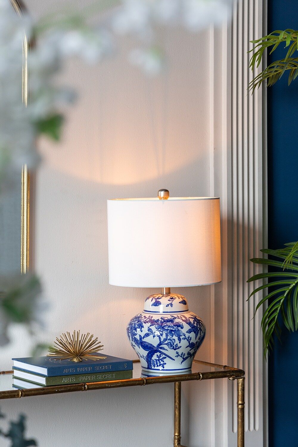 Blue and White Ceramic Vase Table Lamp with White Linen Shade