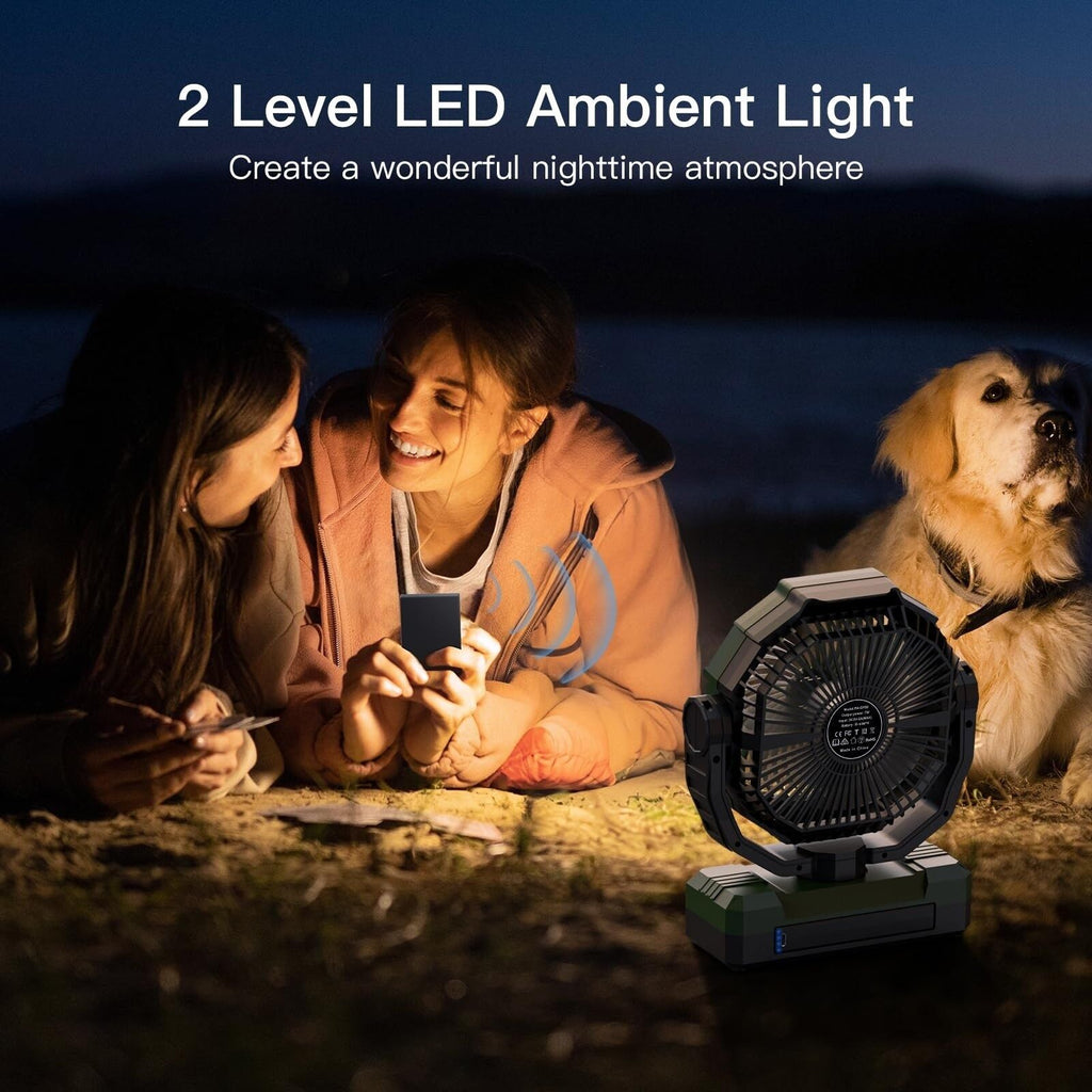 Green 3-Feature Camping Fan with Rechargeable Battery Light and Remote