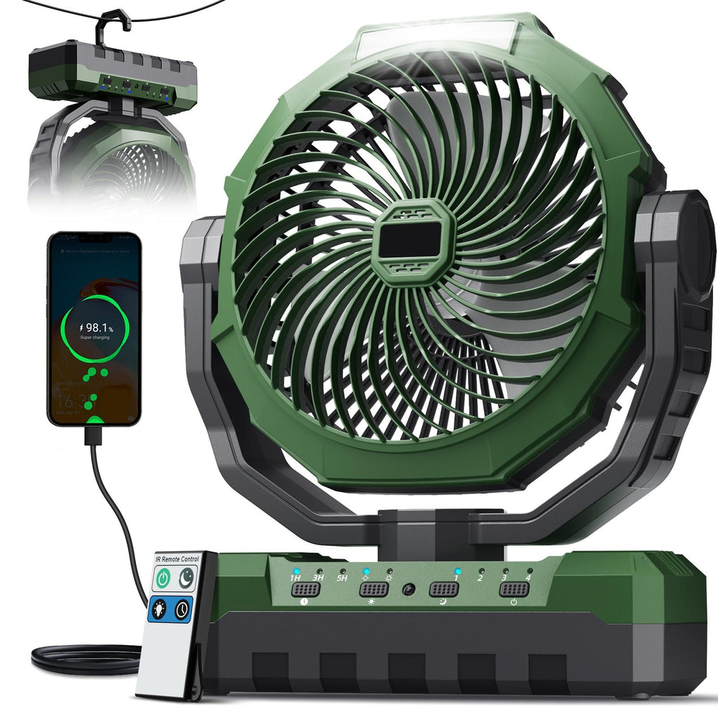 3-in-1 Portable Rechargeable Camping Fan with LED Light and Remote Green